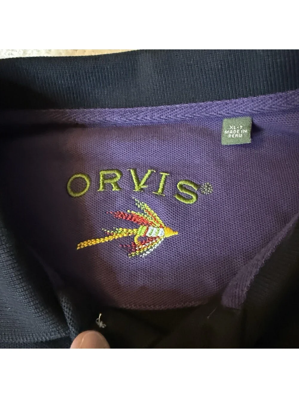 Orvis Men’s Polo Shirt XL-T Black Purple Trim 100% Cotton Fly Fishing